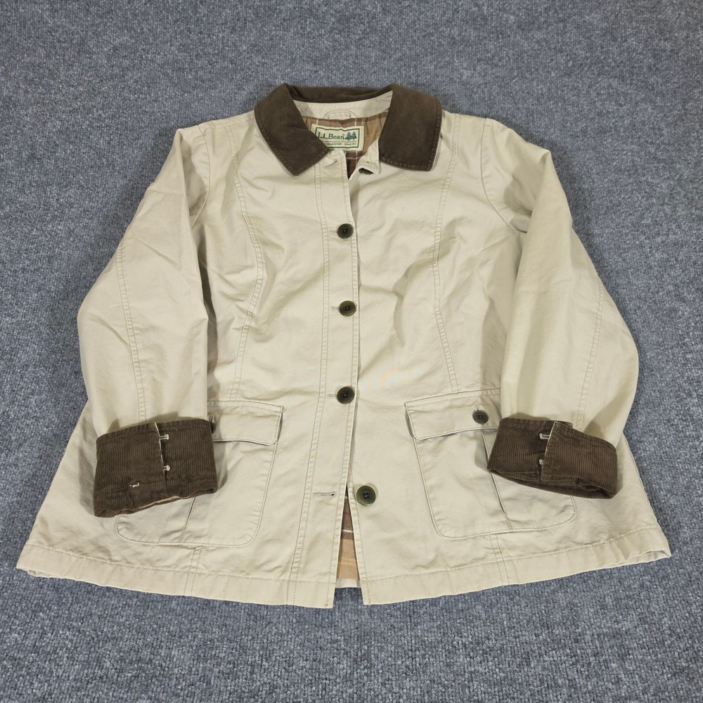 LL Bean Womens 1X Barn Jacket Khaki Cotton Plaid Lined Corduroy Trim Field Coat